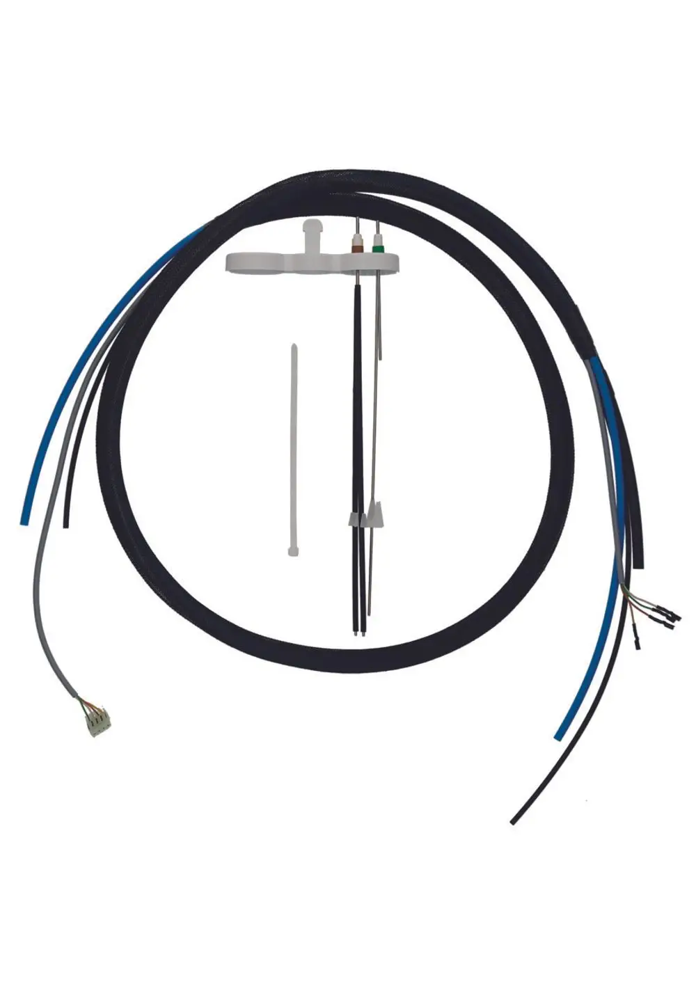 Zwei eindrauliche Schläuche mit farbigen Drähten, die in einem weißen Halter angeordnet sind. Zubehörteile zur Installation oder Wartung von Judo-Produkten.